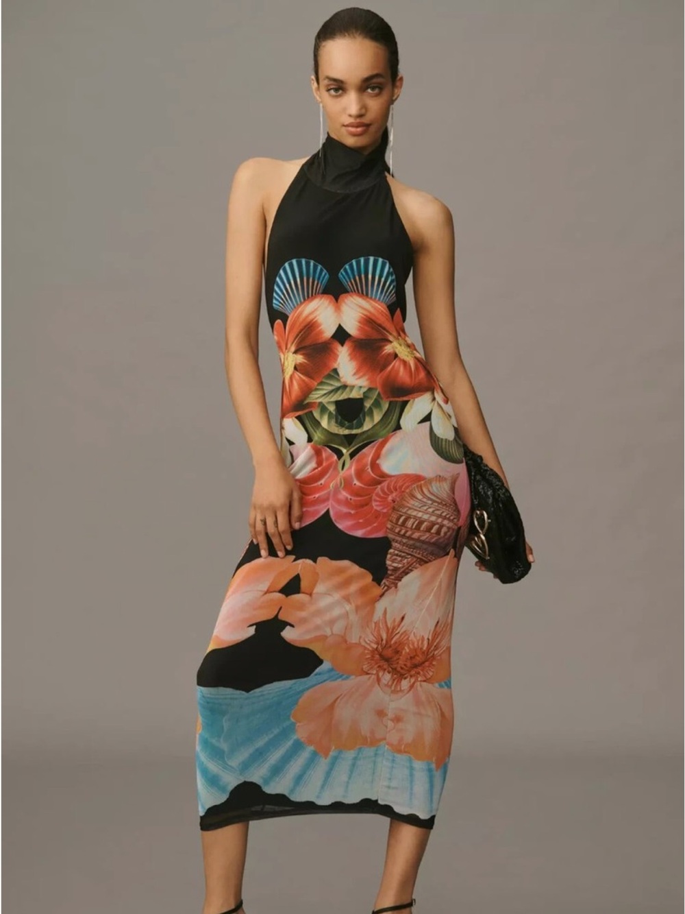 AFRM Black Halter Floral Midi Dress with Orange & Blue Accents